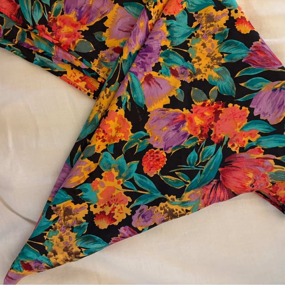 Vintage Floral Colorful Yellow Orange Pink Green Black Scarf Bandana Silk Satin